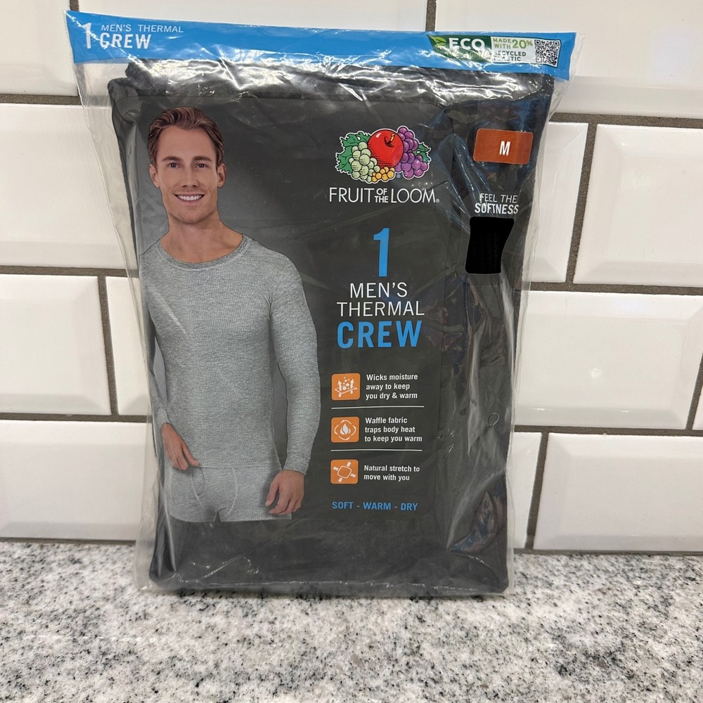 Fruit of the Loom Mens M Thermal Crew Black Waffle Knit Long Sleeve Base Layer